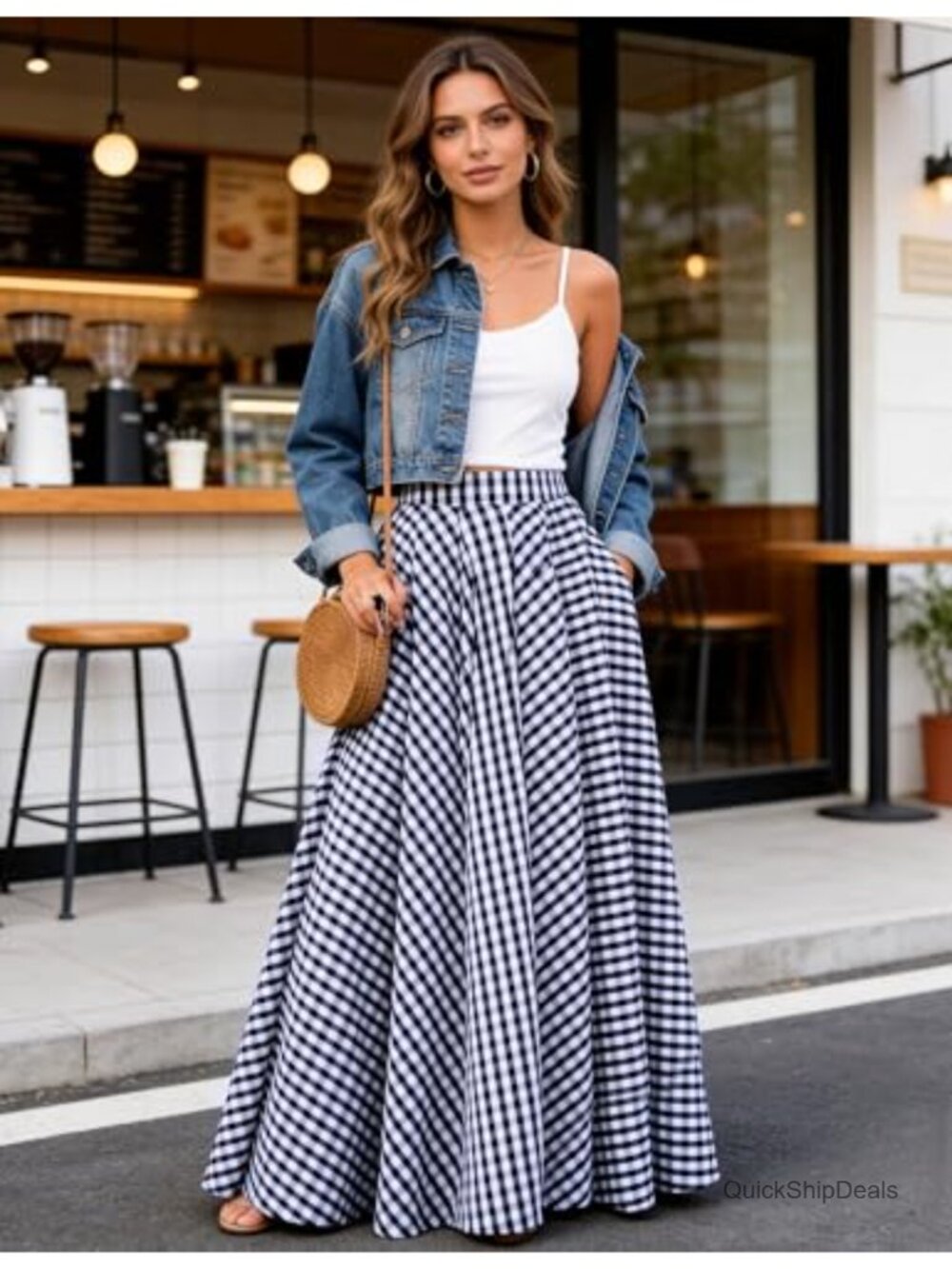 Womens Plaid Maxi Skirt High Waist A-Line Pleated Long Skirt - Picture 5 of 6